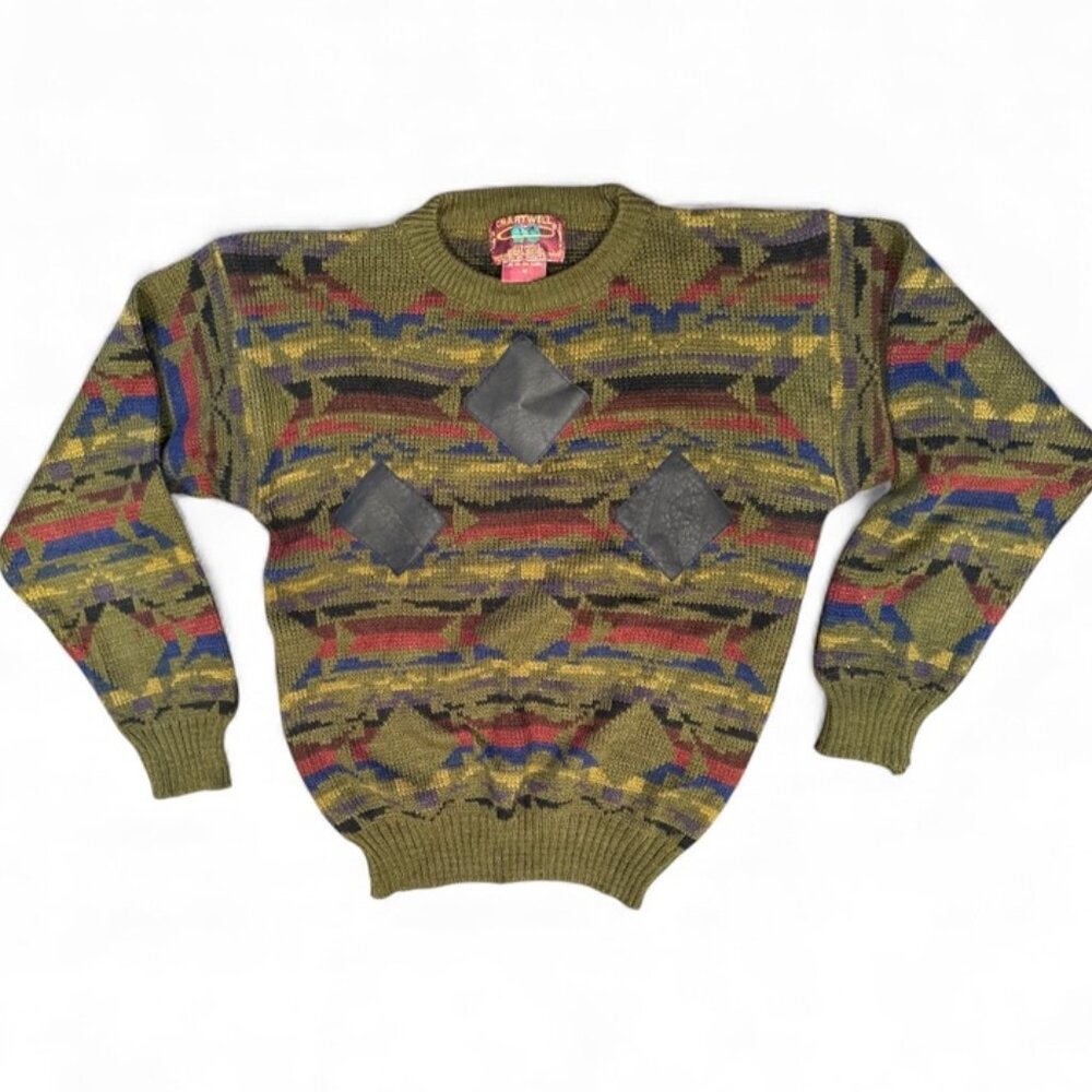 Vintage Gold Chartwell Sweater – Men’s Medium – Geometric Knit Leather Squares